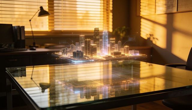 Floating holographic city model glowing amber and blue reflecting on glass desk at sunset