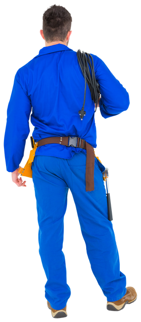 Back View of Electrician in Blue Uniform with Cable - Download Free Stock Videos Pikwizard.com