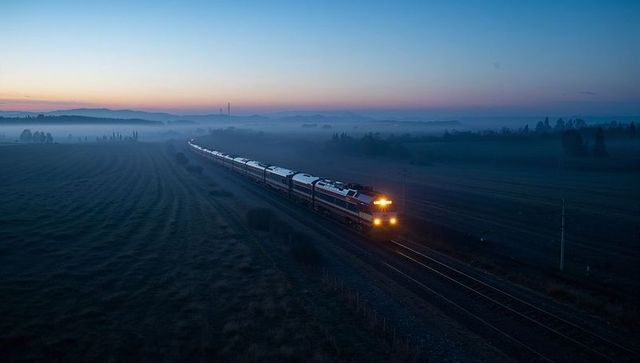 Diesel locomotive leading long passenger train through misty farmland at blue dawn