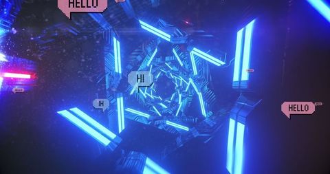 Futuristic digital tunnel with floating media icons