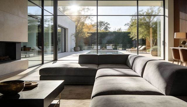 Modern living room featuring l-shaped gray sectional and pool view bathing in sunlight