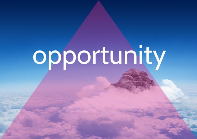 Digital composition featuring abstract pyramid shape overlay with text 'opportunity' set against blue sky and clouds. Useful for motivational posters, inspirational quotes, business presentations, and website banners.