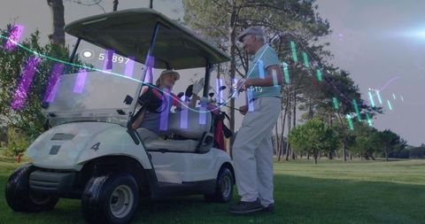 Active Seniors Enjoying Golf with Digital Finance Motif