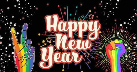 Festive LGBTQ+ Hands Celebrating New Year with Fireworks