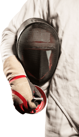Fencer holding helmet on transparent background with glove