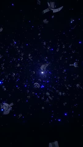 Vertical camera moving through suspended helmet cloud toward luminous blue core