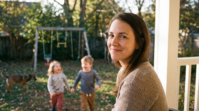 Smiling woman on porch watching children running toward wooden swing in sunlit backyard
