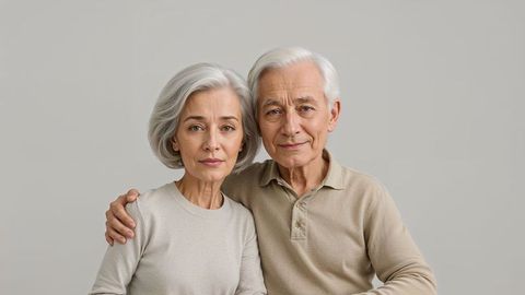 Senior old people couple embracing affectionately in neutral tones