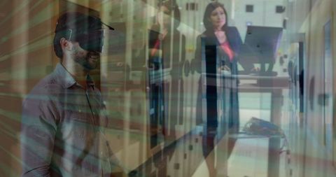 Man Using Virtual Reality Headset Overlay in Data Center