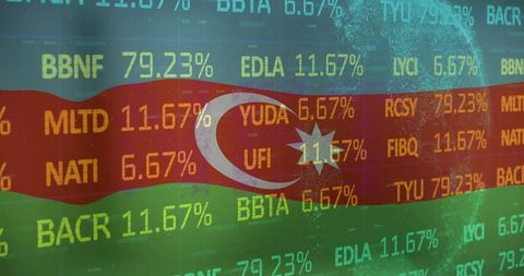 Azerbaijan flag emblem overlaying financial market tickers and percentage data