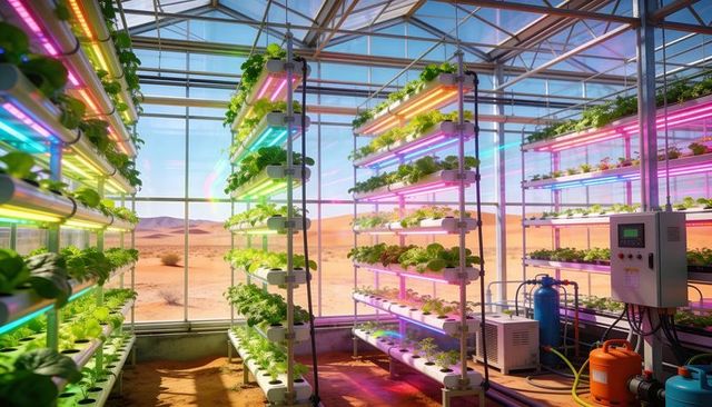 Vertical hydroponic greenhouse desert featuring rgb grow lights and automated controls