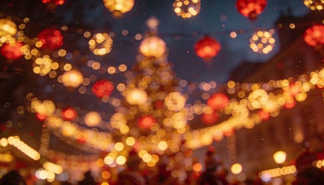 Golden bokeh lanterns over festive christmas market tree at twilight