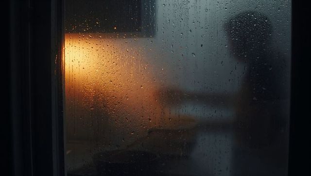 Lonely silhouette washing dishes behind rain-streaked glass with warm lamp glow at night