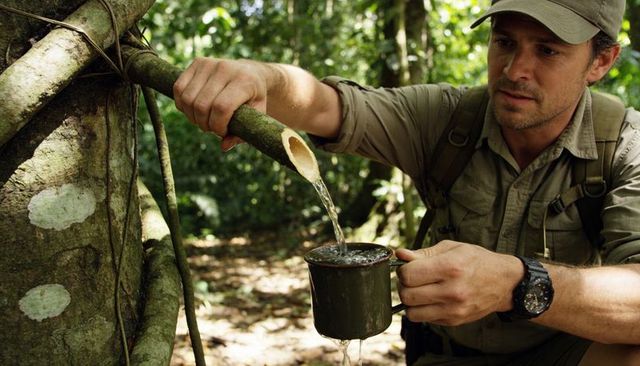 Jungle survivor pouring fresh water from bamboo spout into metal cup in tropical forest