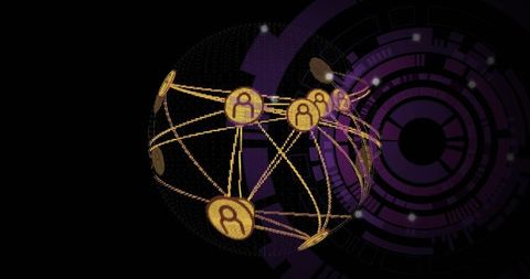 Glowing golden network sphere pulsing with user nodes and futuristic hud interface for security