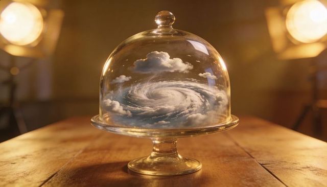 Trapping miniature hurricane under glass cloche on rustic wood pedestal with warm lights