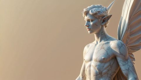 Mythical marble elf sculpture with wings and horns, studio portrait
