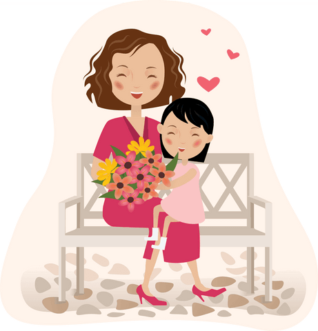Loving Mother and Daughter Sitting with Bouquet on Transparent Background