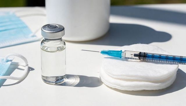 Showing vaccine vial and syringe with cotton pads and surgical mask on white table