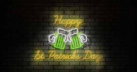 Neon happy st. Patrick's day sign on brick wall