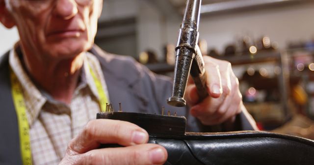 Senior Cobbler Repairing Shoe in Workshop - Download Free Stock Photos Pikwizard.com