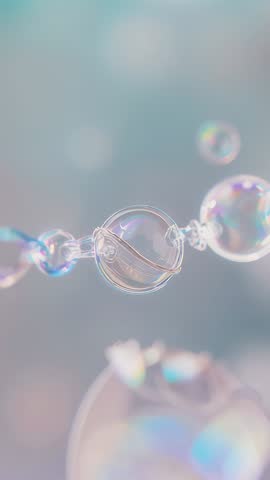 Rotating pastel glass spheres with drifting joints, camera zooming vertical abstract loop
