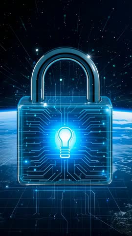 Pulsing Neon Padlock with Glowing Lightbulb Hovering Above Earth, Streaming Data Trails — Vertical C