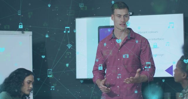 Young man presenting at a digital conference with various technology icons overlay, depicting a highly connected and interactive session. Suitable for illustrating modern business communication, digital networking, technology integration in corporate environments, and professional teamwork.