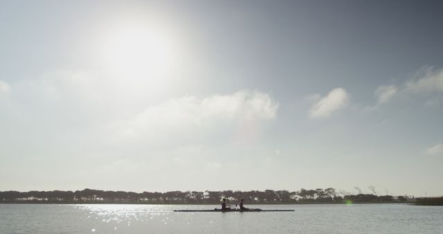 Two People Rowing Canoe on Calm Lake with Tree Line Horizon under Bright Sun - Download Free Stock Images Pikwizard.com