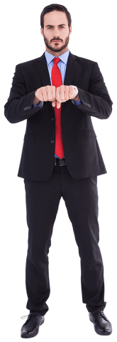 image featuring a confident businessman in a black suit and red tie clenching his fists. transparent background makes it easy to integrate into diverse projects. ideal for corporate presentations, motivational materials, leadership websites, or any content related to professionalism and determination.