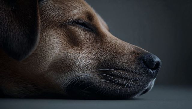 Sleeping small brown dog closeup profile showing wet nose whiskers and fine fur texture