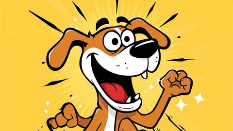 Energetic Cartoon Dog Exclaiming Joy on Yellow Burst Background