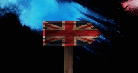 British flag signpost with dynamic color burst background