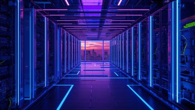 Futuristic Data Center Corridor with Neon Lights and City View