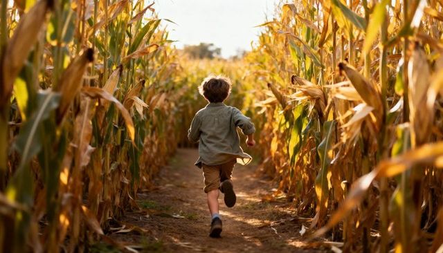 Boy running through sunlit corn maze path during golden hour harvest adventure autumn