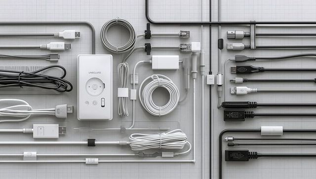Minimal monochrome tech cable layout featuring power brick, control module, coiled cables