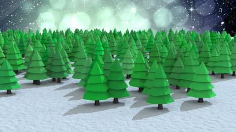 Winter Wonderland with Cartoon Pine Trees and Falling Snow