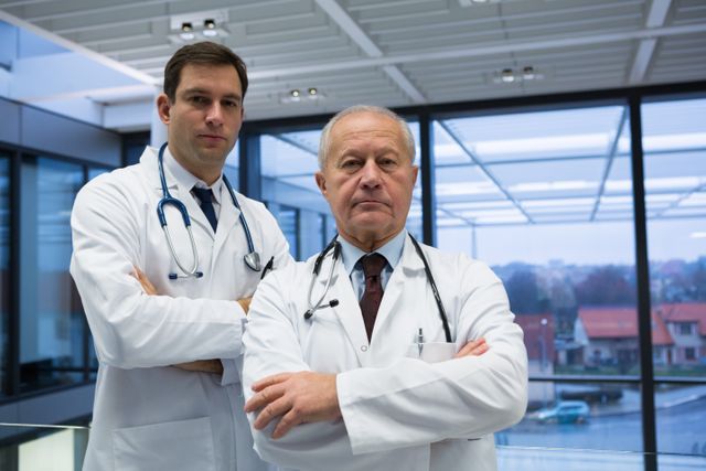 Two male doctors standing with arms crossed in a modern hospital setting, exuding confidence and professionalism. Ideal for use in healthcare-related articles, medical websites, hospital brochures, and promotional materials highlighting medical expertise and teamwork.