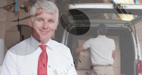 Confident Warehouse Manager Overseeing Package Loading with Digital Metrics