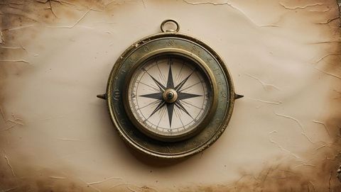 Vintage brass compass on stained parchment background