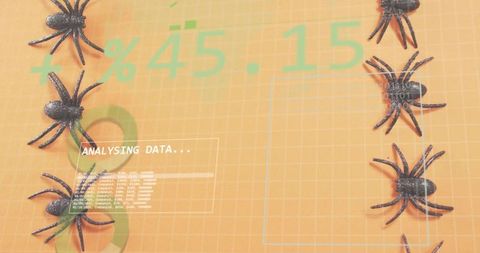 Holographic data analysis concept featuring black spiders on orange grid and binary overlay