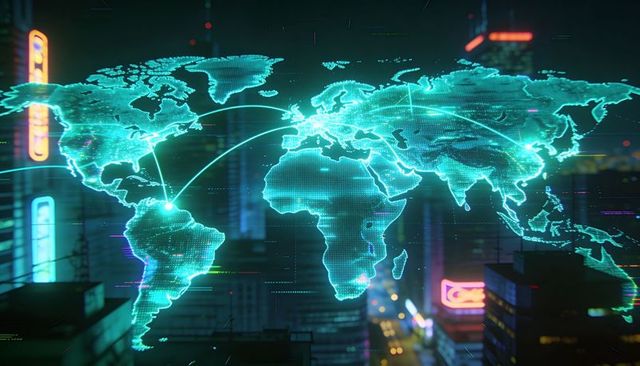 Holographic global network map hovering over neon cyberpunk cityscape connecting continents