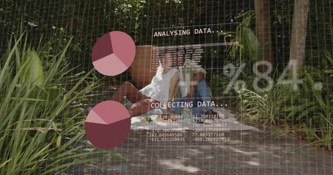 Couple relaxing in park displaying augmented data overlay with 78% pie charts