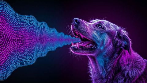 Digital illusion: stylized barking dog emitting neon waves