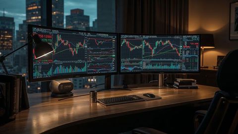 Modern urban online trading desk with dual monitors and financial charts