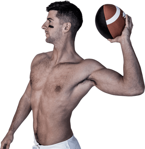 Transparent shirtless rugby player poised to throw ball