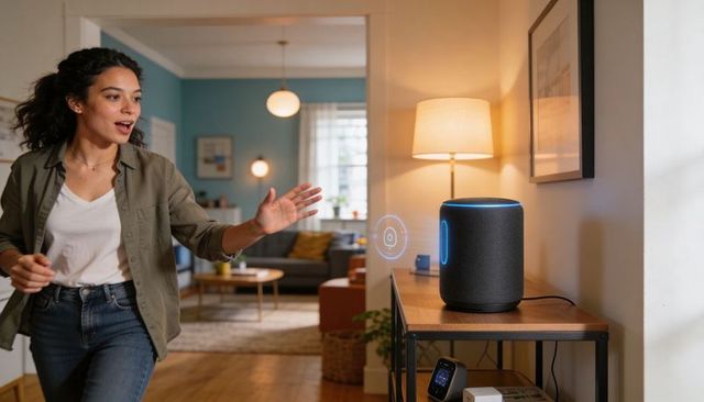 Woman interacting with smart speaker controlling lights and voice assistant in modern living room