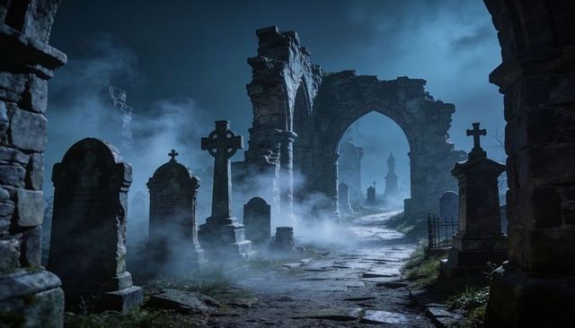 Moonlit ruined arch and misty graveyard path with celtic cross and gothic headstones