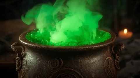 Bubbling Green Potion in Intricate Cauldron with Smoke