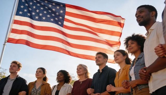 Diverse group holding hands beneath united states flag, celebrating unity and civic pride